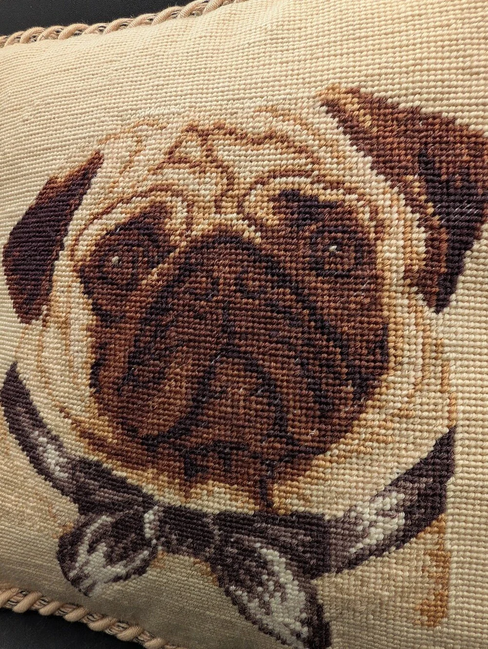 Vintage Needlepoint Pug Pillow By Loié, Velvet Back, Small 10